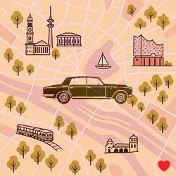 Die Grafik zeigt ein Auto vor einer Hamburg-Karte mit integrierten Sehenswürdigkeiten, alles in orangefarbenen Tönen gehalten