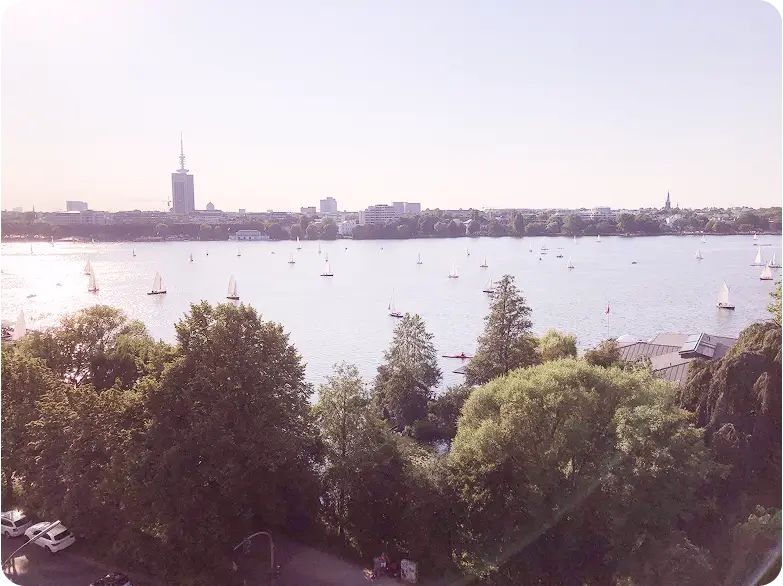 Blick aus der Vogelperspektive auf die Hamburger Skyline über der Elbe, Bäume im Vordergrund